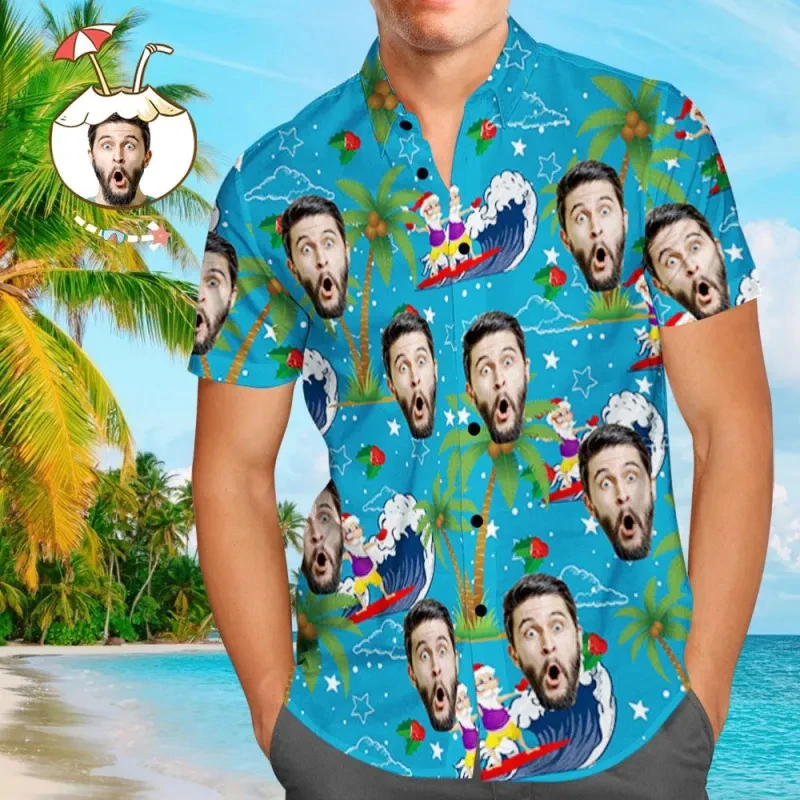 Fashion Custom Image Football Lovers Shirts For Men Hawaii Vacation Baseball Sport Beach Shirt DIY Photo Aloha Lapel Blouse Top