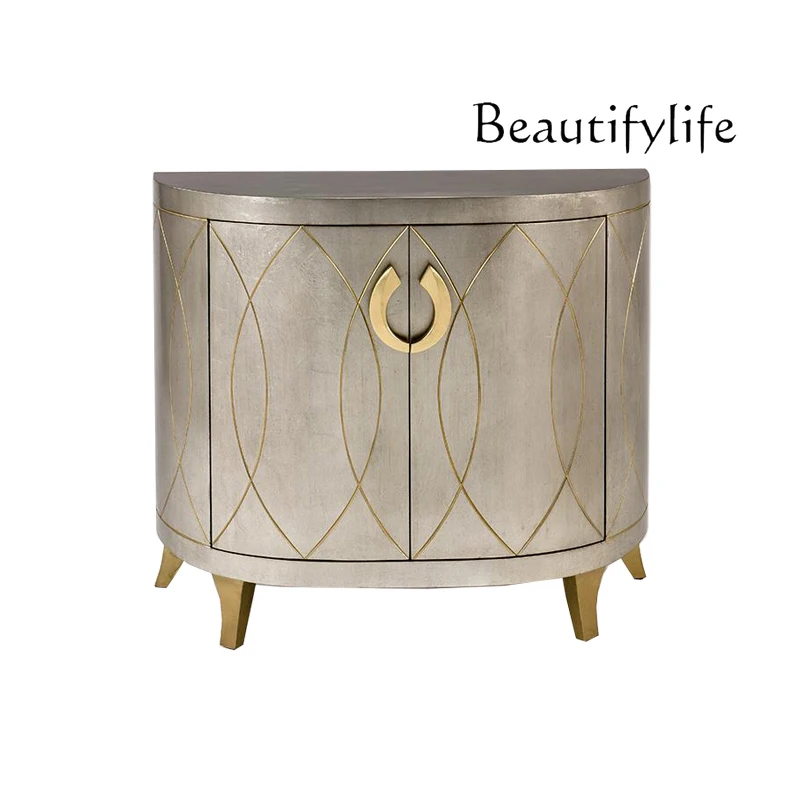 

American light luxury solid wood foyer porch post-modern simple silver foil gold-painted dining side cabinet semi-round cabinet