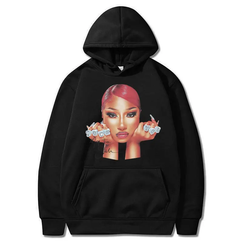 

Rapper Megan Thee Stallion Face Print Fashion Hoodie 90s Vintage Hip Hop Men Women Sweatshirt Fleece Oversized Casual Streetwear