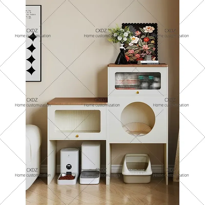 Solid Wood Pet Cabinet with Cat Kennel and Toilet Partition Multi Functional Storage House for Small Living Room Minimalist
