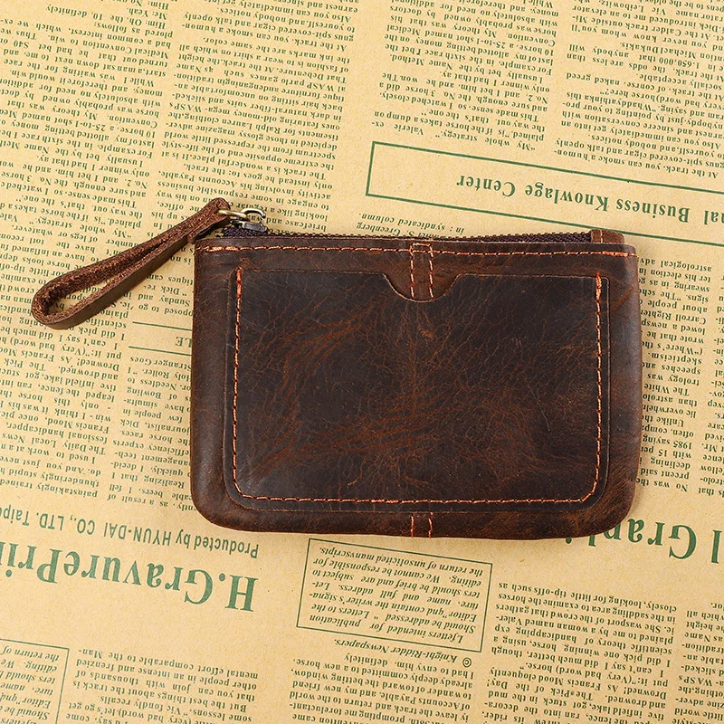 Vintage Genuine Leather Mini Men's Women's Coin Wallet Retro Casual First Layer Leather Credit Card Bag Coin Purse Zipper