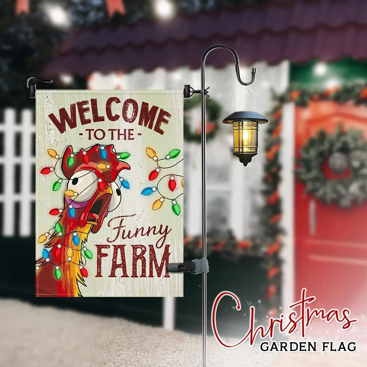 Christmas Welcome Flag - Fun Xmas Farmhouse Animal with Holiday Lights Garden Flags - Rustic Chicken Coop Décor Outside - We SSL - view 2