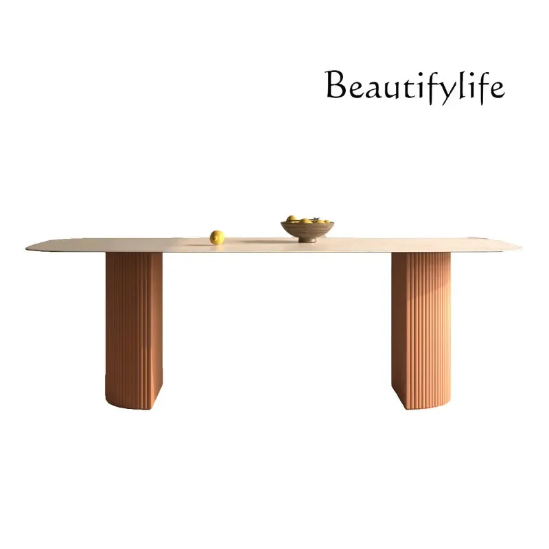

W Wabi Sansan Retro Walnut Dining Table Chair Combination Imported Travertine Oval Minimalist Rock Slab Cream Style Dining Tabl