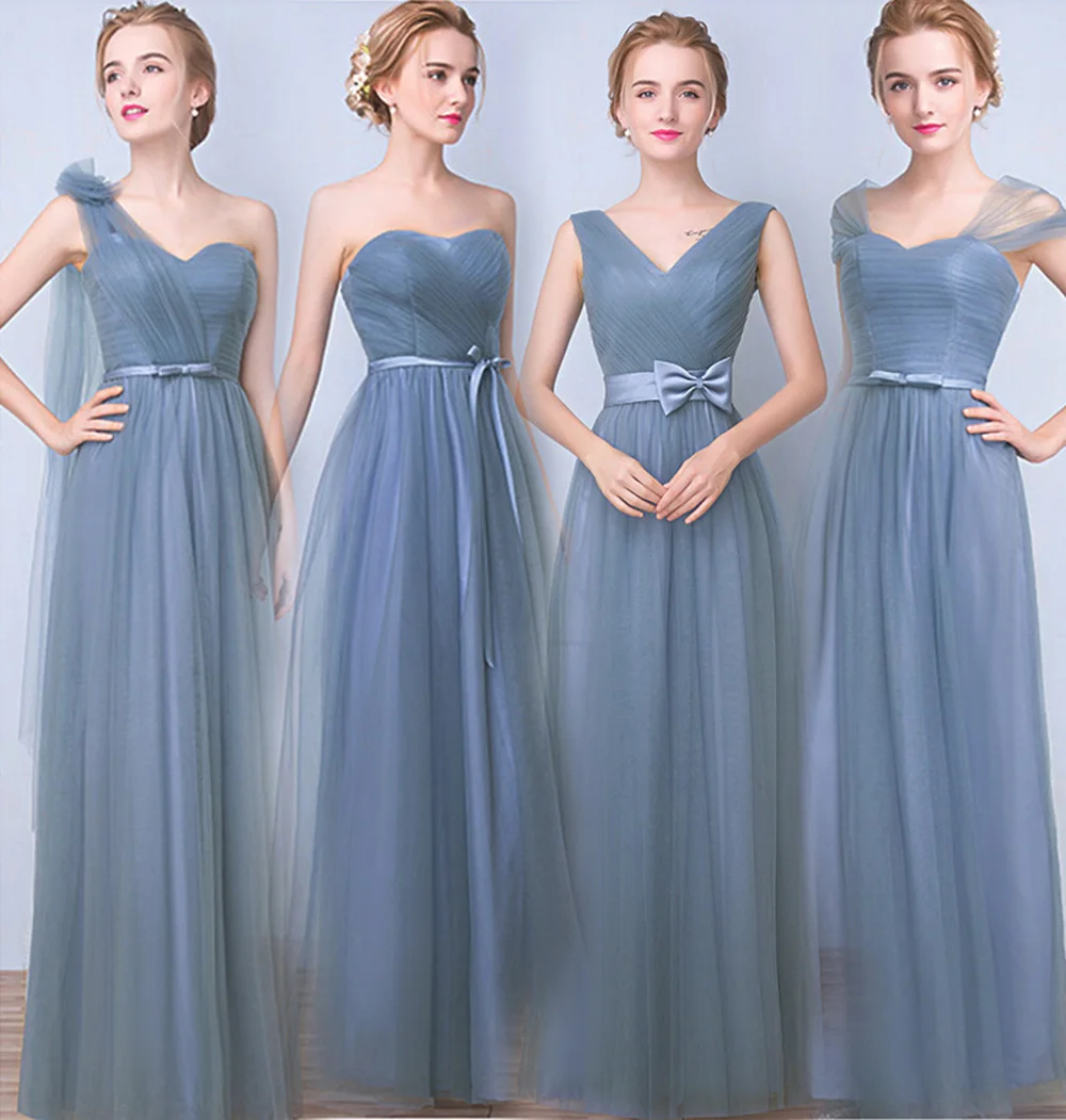

Elegant Simple Grey Blue Bridesmaid Dress 4 styles Women's Sleeveless Classical Tulle Satin Belt Lace Up Bow A-line Vestido