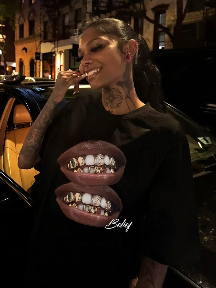 Unisex Summer Hip Hop Lips Graphic T Shirt Diamond Teeth Letter Print Oversized Loose Short Sleeve Cotton Streetwear Casual Tops