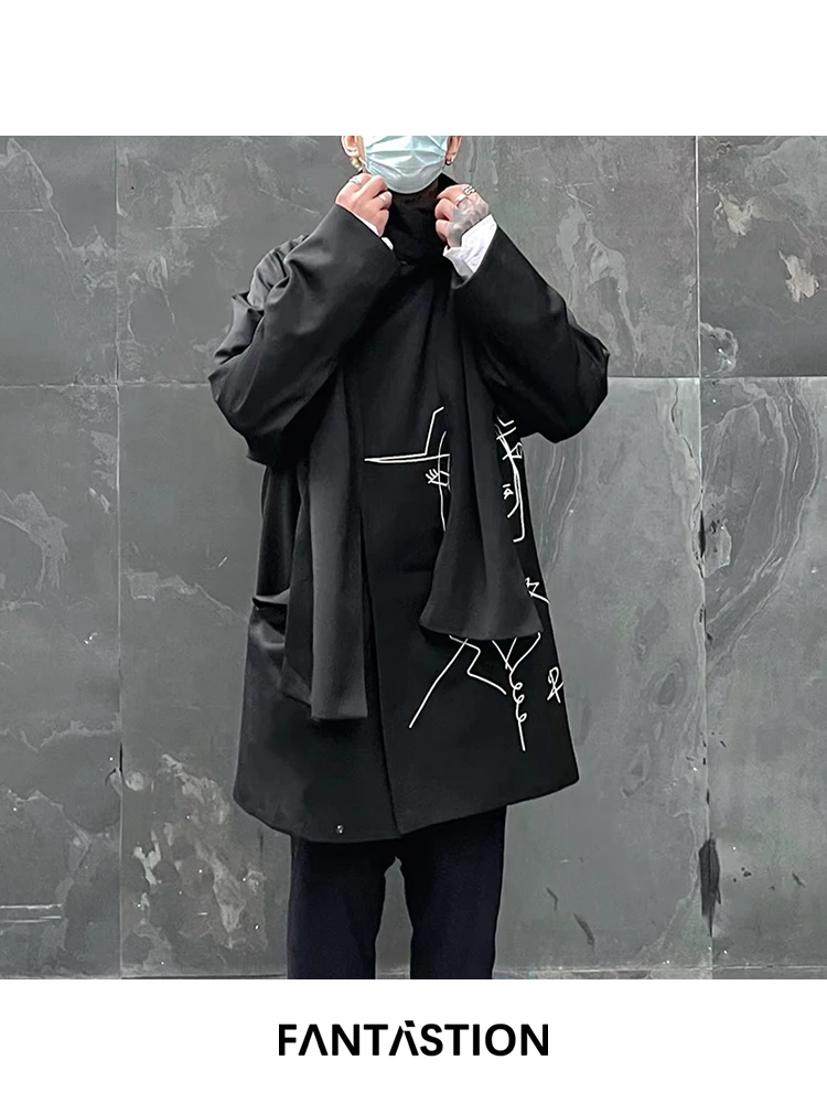 

FANTASTION Original design Scarf Warming Embroidered abstract figures woolen jacket unisex Casual coat loose suit jackets tops