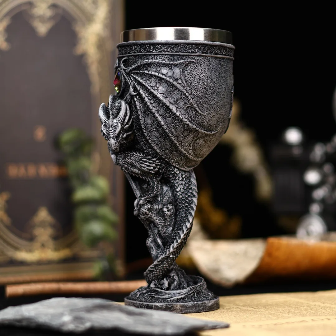 Silver Sword Dragon Wine Glass Medieval Resin Stainless Steel Goblet Chalice Cocktail Glasses Whiskey Cup Champagne Cups Barware