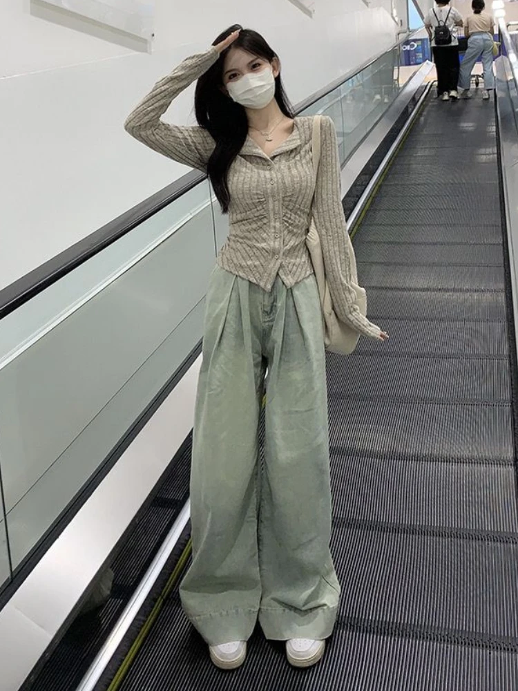 سترة نسائية بياقة مقلوبة بسيطة ريترو مريحة بأكمام طويلة حياكة هاراجوكو Ins ملابس كورية محاصيل أنيقة للخريف الأنثوي #5