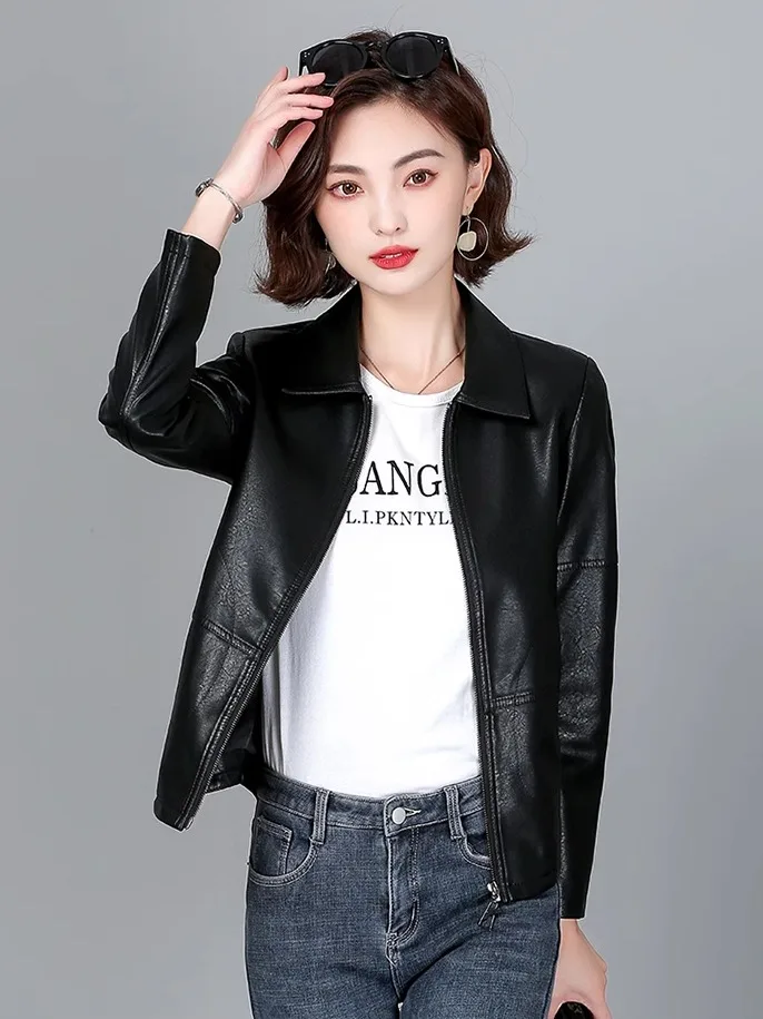 Giacca in Vera Pelle Nera da Donna, Stile Sportivo, Primavera-Autunno, con Cerniera e Colletto, per il Lavoro, Taglia Piccola, Novità 2025