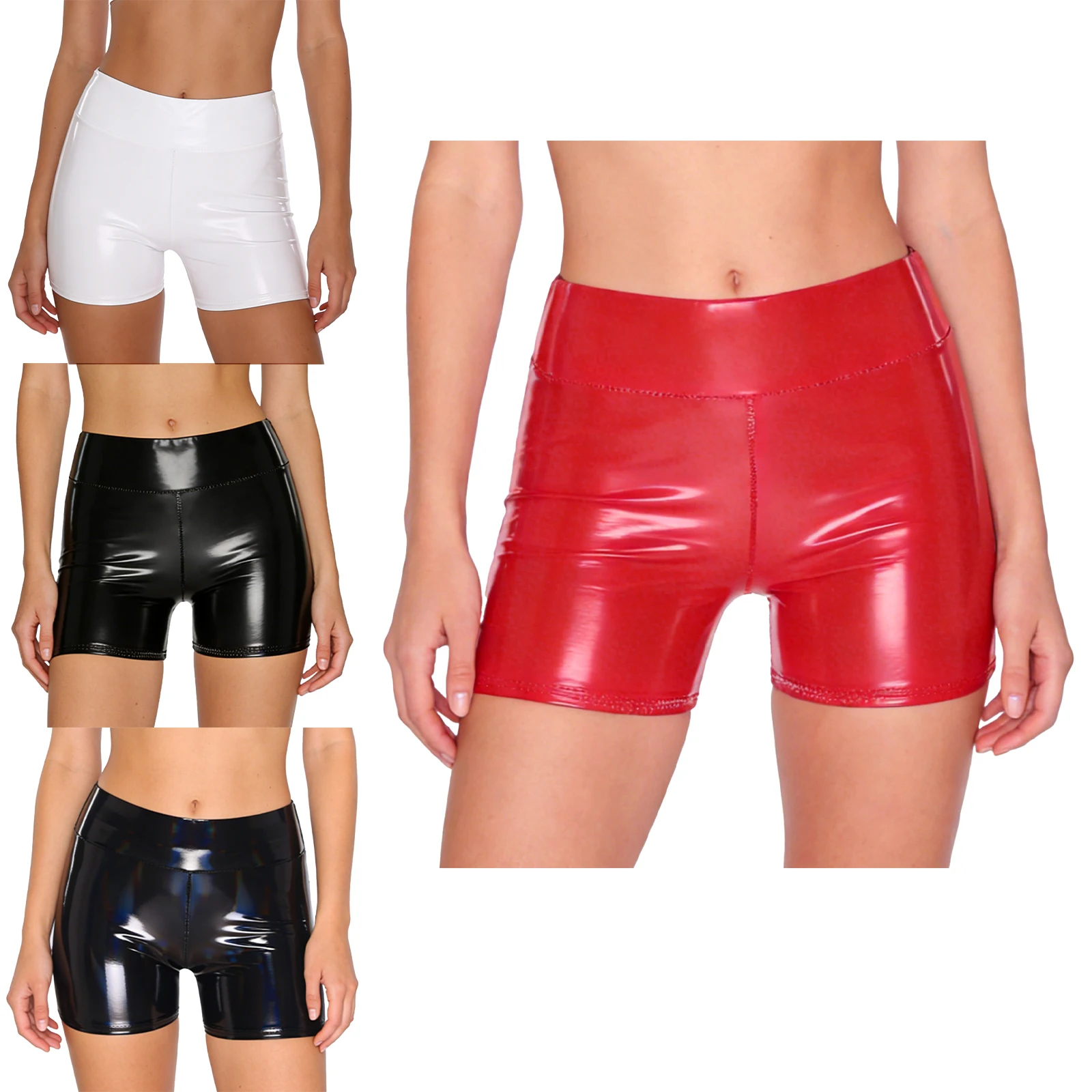 กางเกงขาสั้นผู้หญิงแบบหนัง PU เงา เอวสูง ยืดหยุ่น กระชับรูปร่าง ทรงสกินนี่ โชว์สะโพก สำหรับงานดิสโก้ ปาร์ตี้ ไนท์คลับ