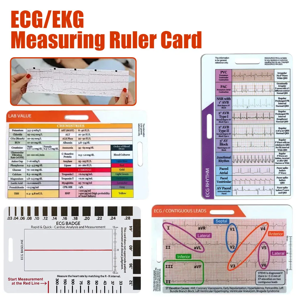 

ECG/EKG Rhythm Pocket Card ECG Self-test Card Measuring Ruler Transparent Quick Measure Tool Ruler Ecg Interpretation
