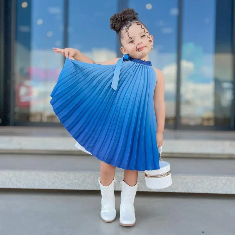 1-8Years Children Girls Summer Casual Dress Clothing Sleeveless Suspender Blue Clothes For Girls Princess Wedding Party Gift