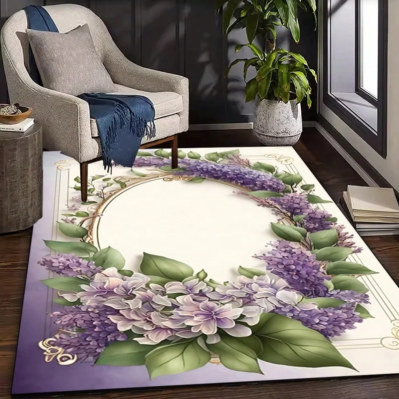 Purple Lilac Floral Wreath Vintage Area Rug Elegant Non Slip Living Room Floor Mat