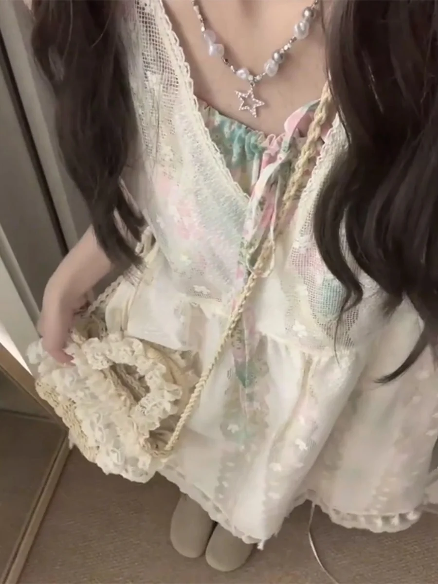 2024 Summer Floral Print Vaion Sle Off-oulder Dr with Headscarf Lace Overlay Skirt Tee-Piece Set Women's H-Line M...