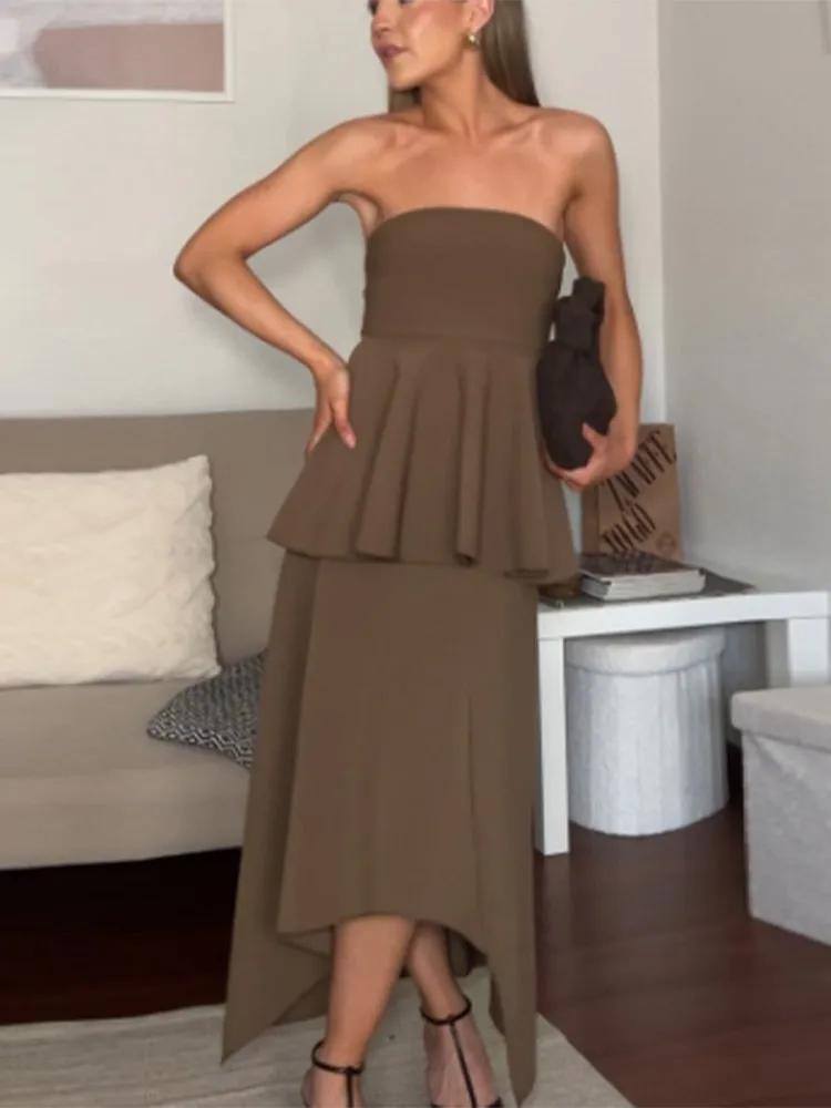 

Fashion Women's Two Piece Suit Boob Tube Sleeveless Draped Top Irregular Pleated Skirt 2025 Summer Chic Female Commute Outfits