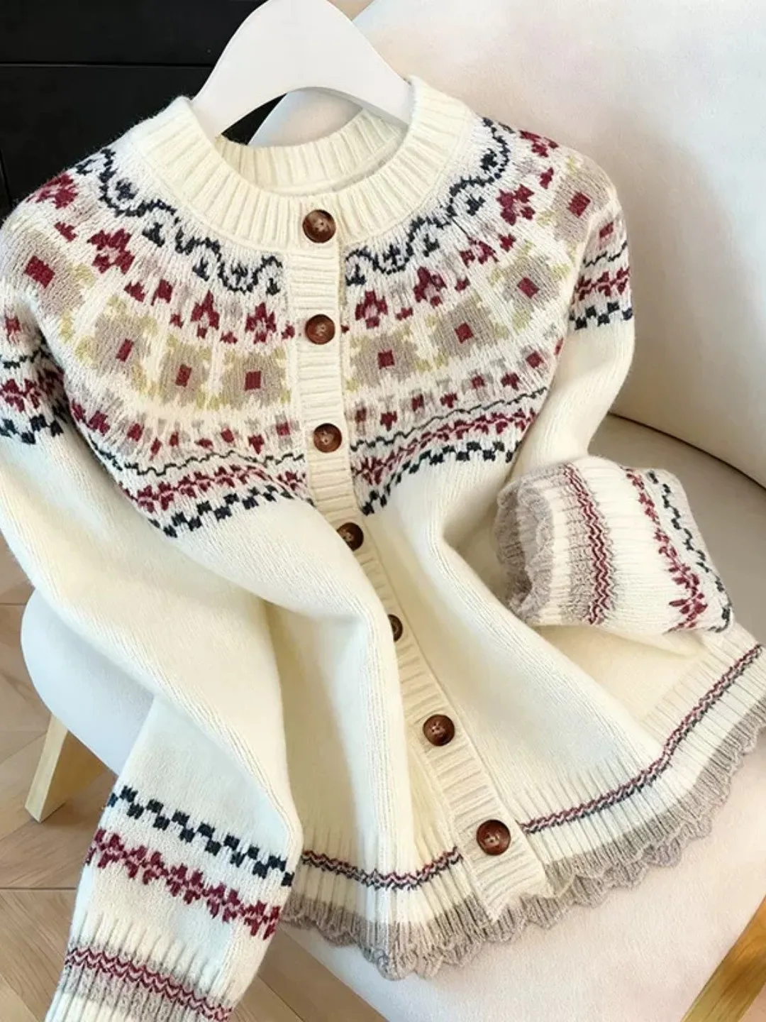 Feilao Island Knitted Sweater Spring Autumn New Style Beige Open Cardigan Women's Loose Top Casual Style Regular Fit Knitted ...