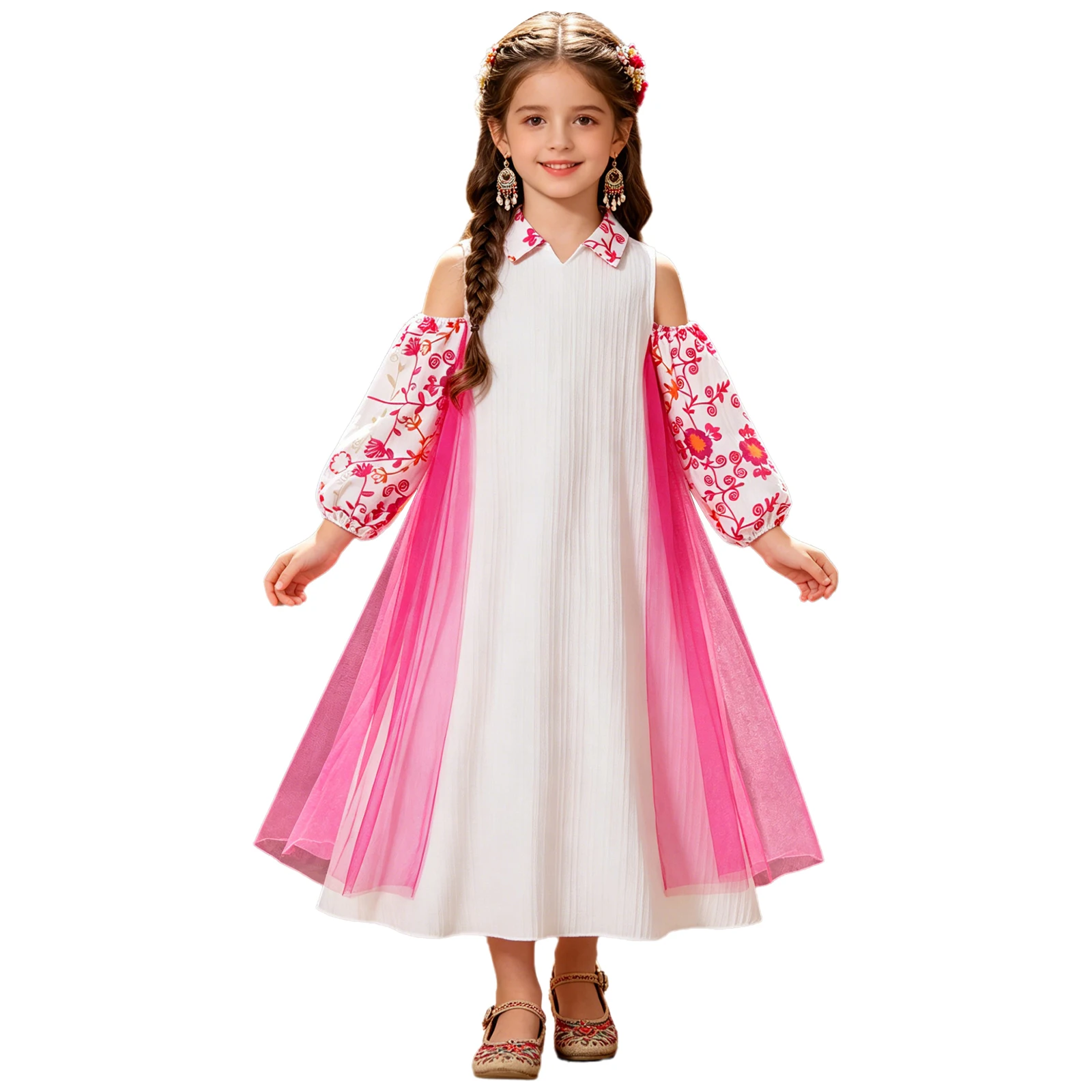 Girl Long Sleeve Mesh Patchwork Islamic Children Clothing Middle East Dress Ethnic-style Long Dress Stage Performance Dance Wear view 4