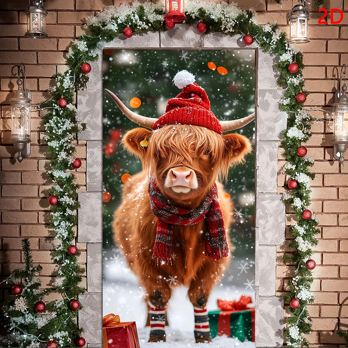 خطة ثنائية الأبعاد، قطعة واحدة، زخرفة بوابة البقرة الاسكتلندية لعيد الميلاد، غطاء زينة لطيف للعطلات #2