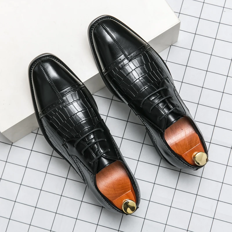 Men's Splicing Brogue Shoes Woven Grain Leather Dress Shoes Men Lace-Up Wedding Party Shoes Mens Business Office Oxfords Flats