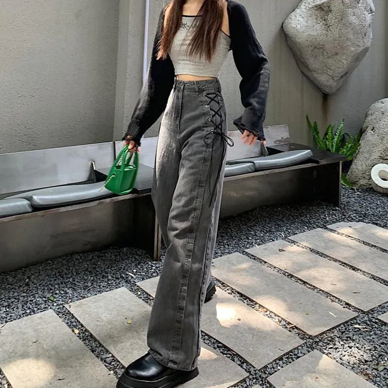 Korean Gothic Denim Trousers Female Harajuku High Waist Lace-Up Design Straight Jeans Women Y2K Chic Black Gray Wide Leg Pants