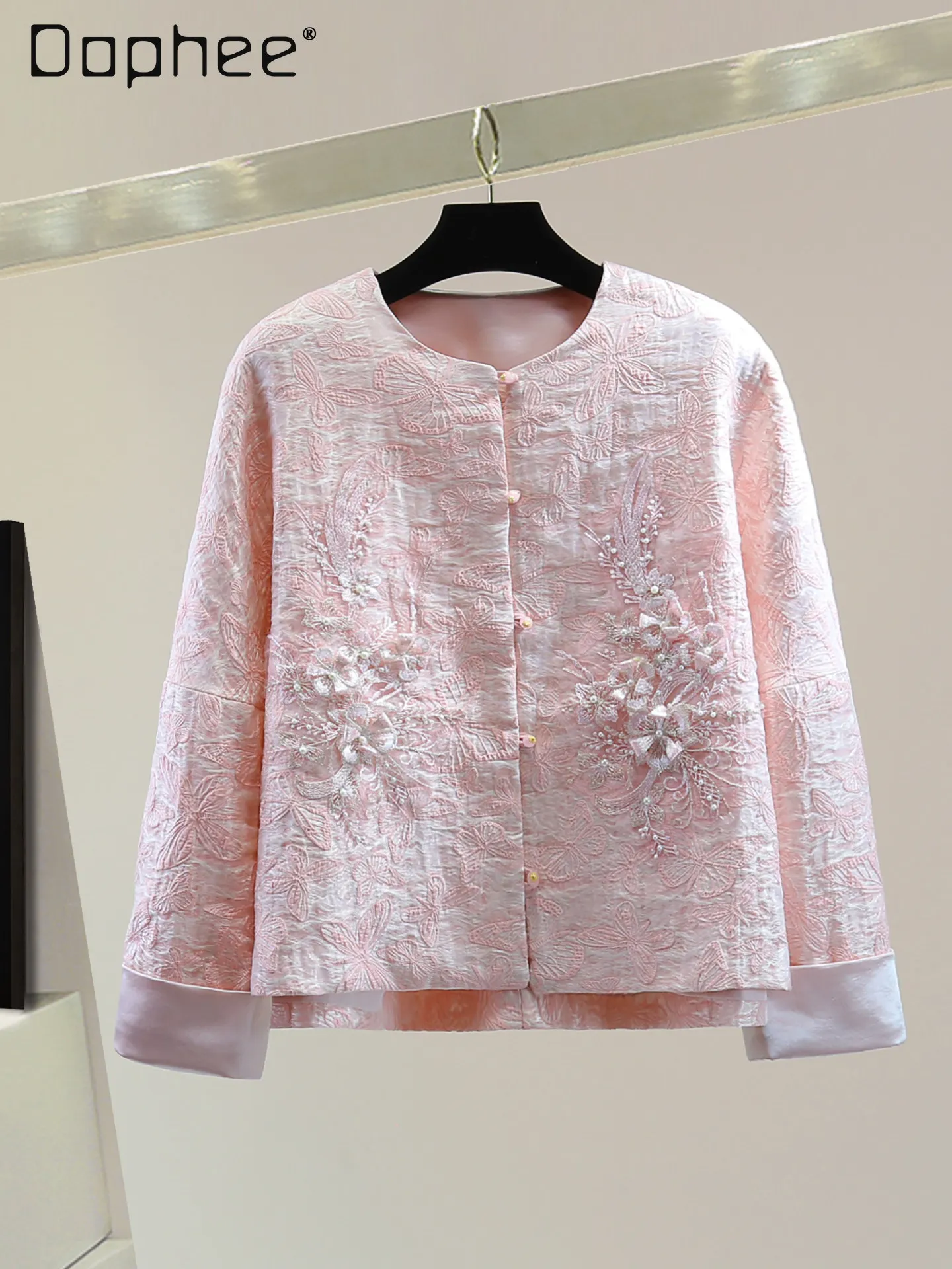 

Heavy Industry Embroidered Beaded Round Neck Coat Women 2026 Spring Korean New Chinese Retro Jacquard Splicing Long-sleeved Coat