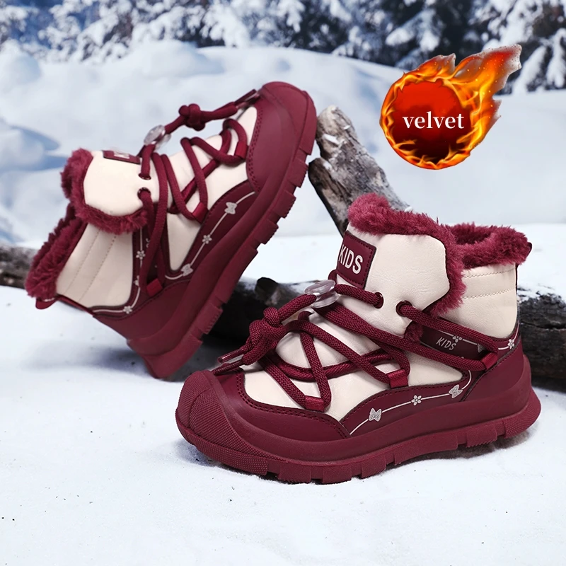 

High Top Velvet Children's Winter Boots Outdoor Warm Fur Kids Snow Boots Comfy Platform Cotton Shoes For Boys Girls Ankle Boots