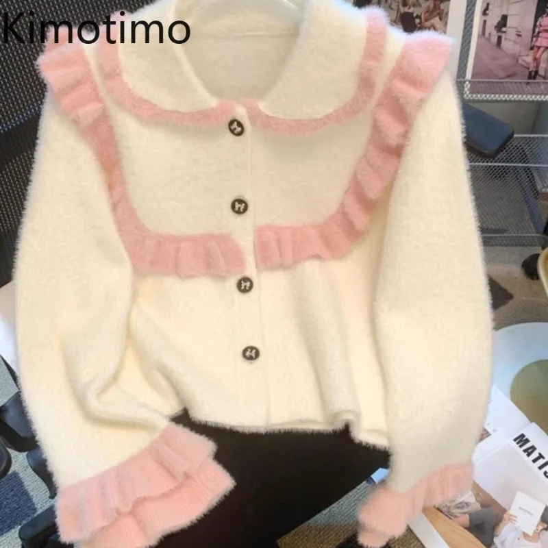 Kimotimo Sweater Cardigan Women Peter Pan Collar Ruffle Sweet Contrast Color Short Knitted Coat French Fashion Sueters De Mujer