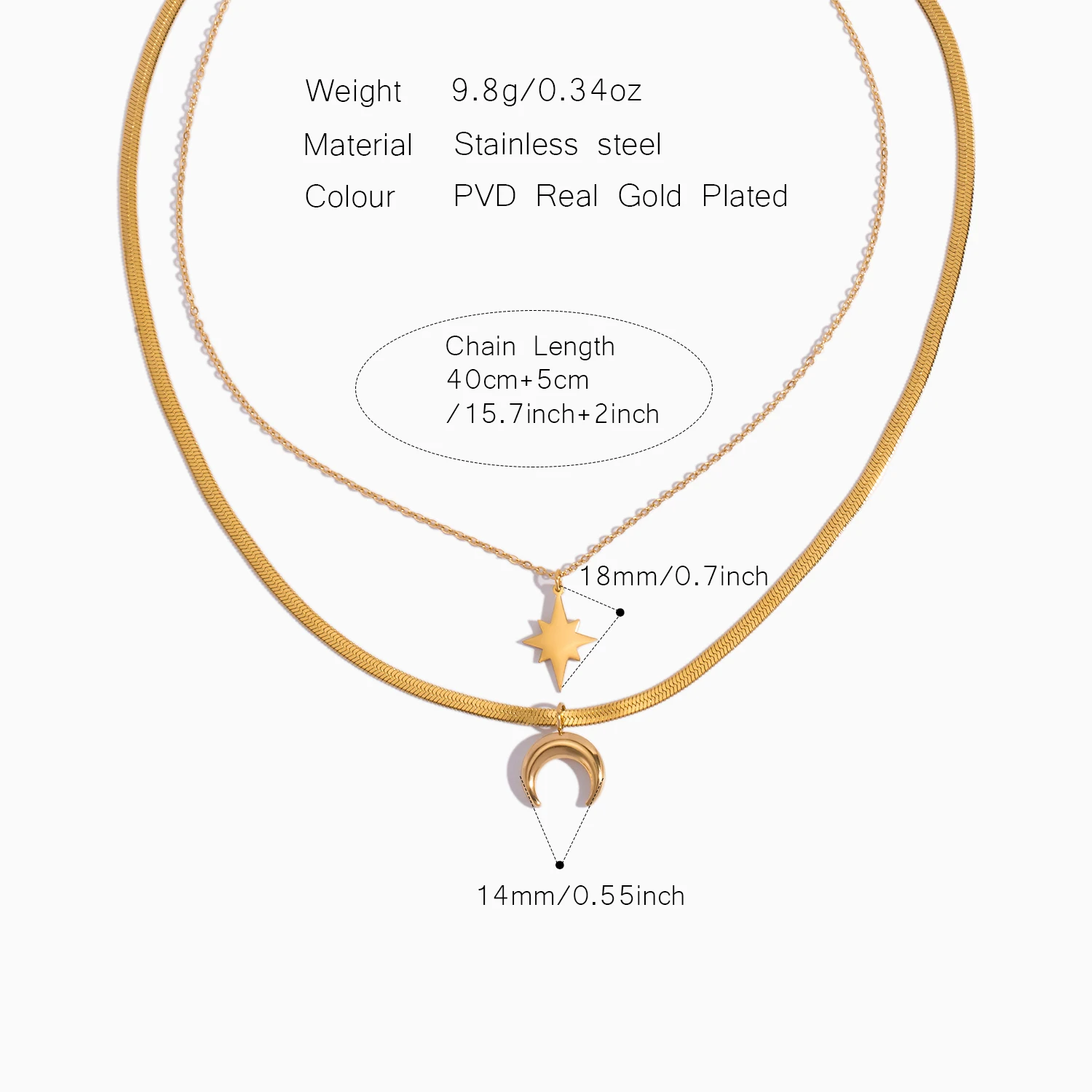 Star and Moon Double Layered Pendant Stainless Steel Necklace Plated with 18K Gold