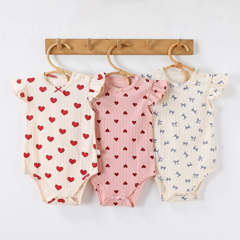 Summer Baby Rompers  Cute Ruffled-Sleeve Rompers  100% Cotton Round-Neck Rompers