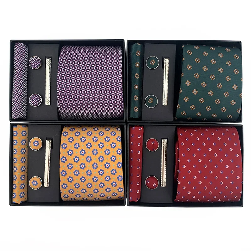 

Fashion Men's Ties Gift Box Of Sets Tie Pocket Square Cufflinks Tie Clip 100% Silk Feel