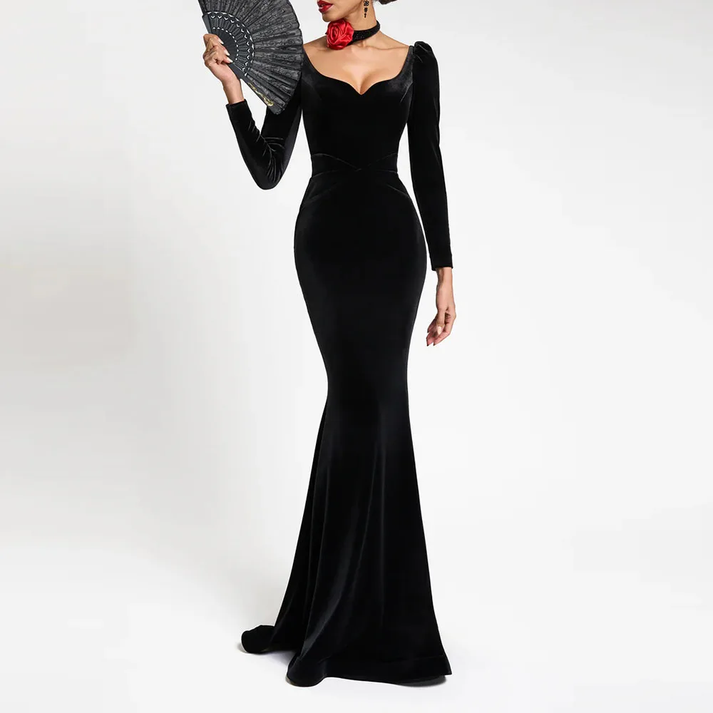 

Customized Velvet Black Elegant Evening Dresses Long Sleeve Sexy Mermaid Prom Dresses Cocktail Dresses Floor Length Abendkleider