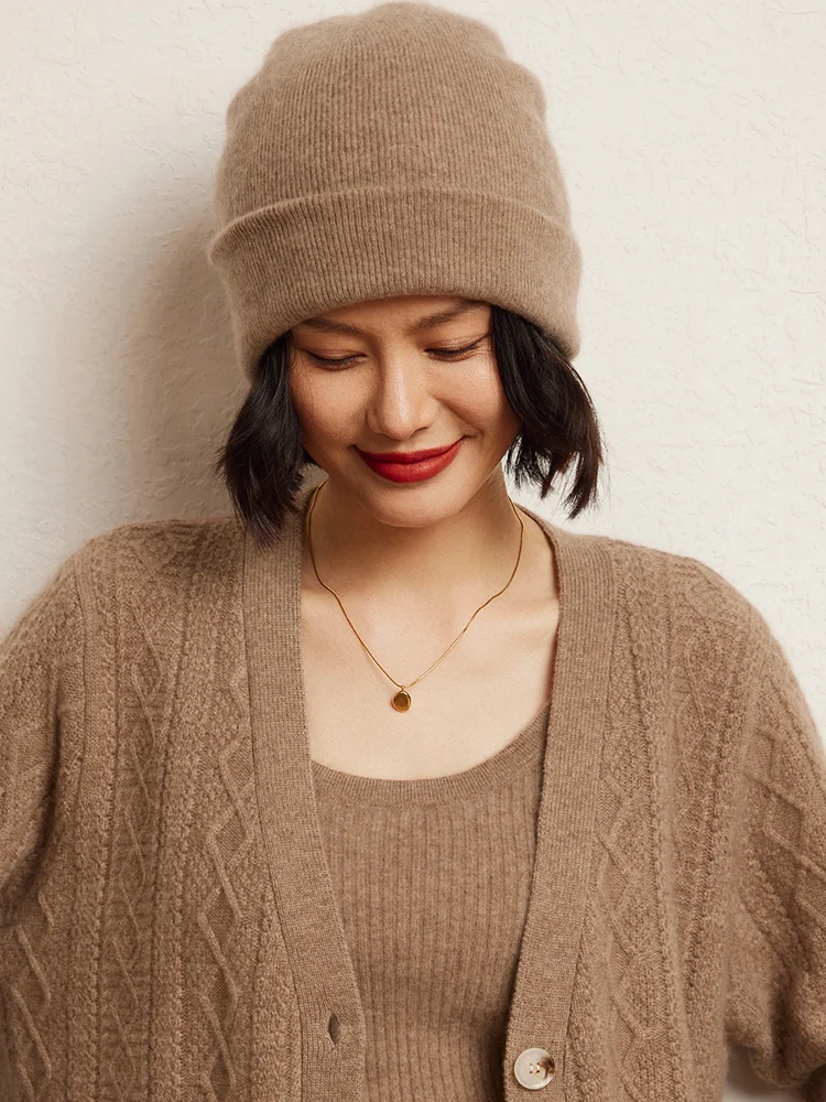 

MEETCC Women 100% Cashmere Beanie Hat Warm Soft Knit Skull Caps Autumn Winter New Solid Color Comfortable Eleghant Accessories