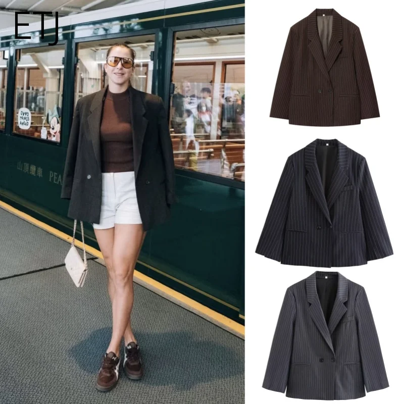 Nowa damska kurtka garniturowa w stylu streetwearowym ETJ Jesień/Zima 2025, oversize, w paski, z poduszkami na ramionach, luźna.