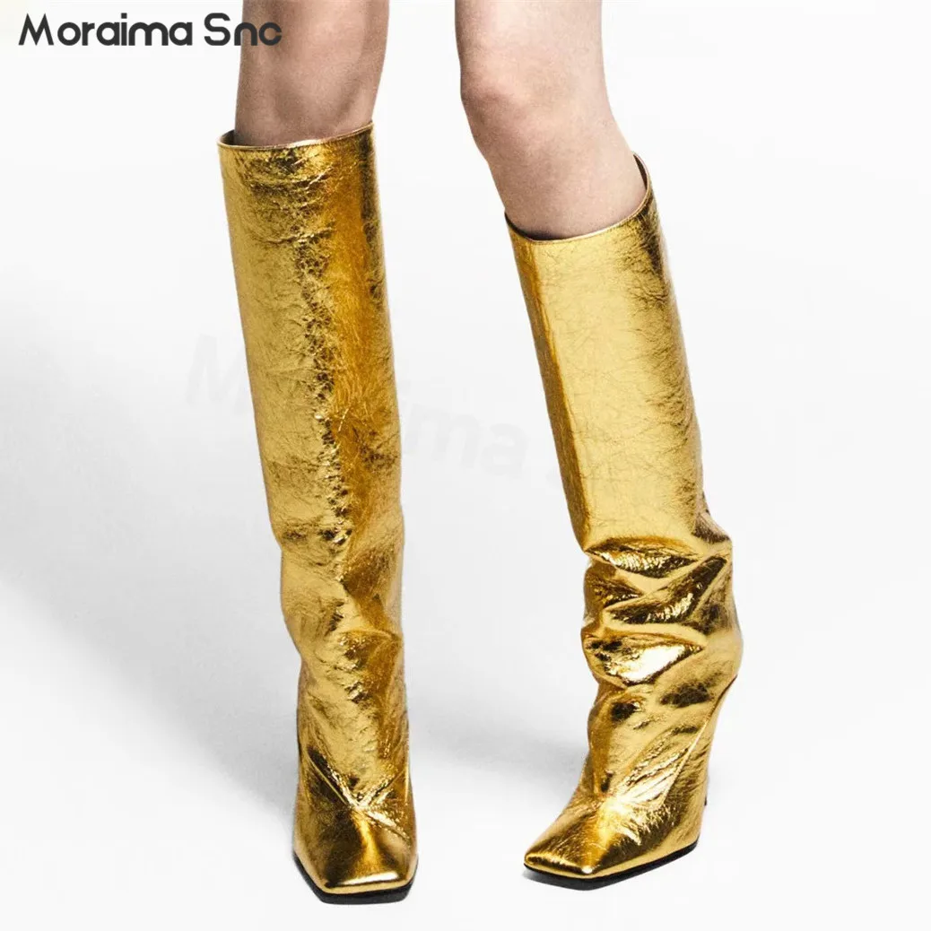 

Golden Square Toe Knee High Boots New Stiletto Slim Sleeve Boots Large Size Sexy Temperament Fashion Banquet Women's Shoes