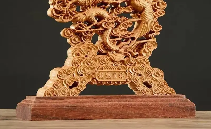 

23CM Thuja Wood Hollow Wood Wealth Carving Dragon Phoenix Sculpture Decor Lucky Gift Home Sculptures