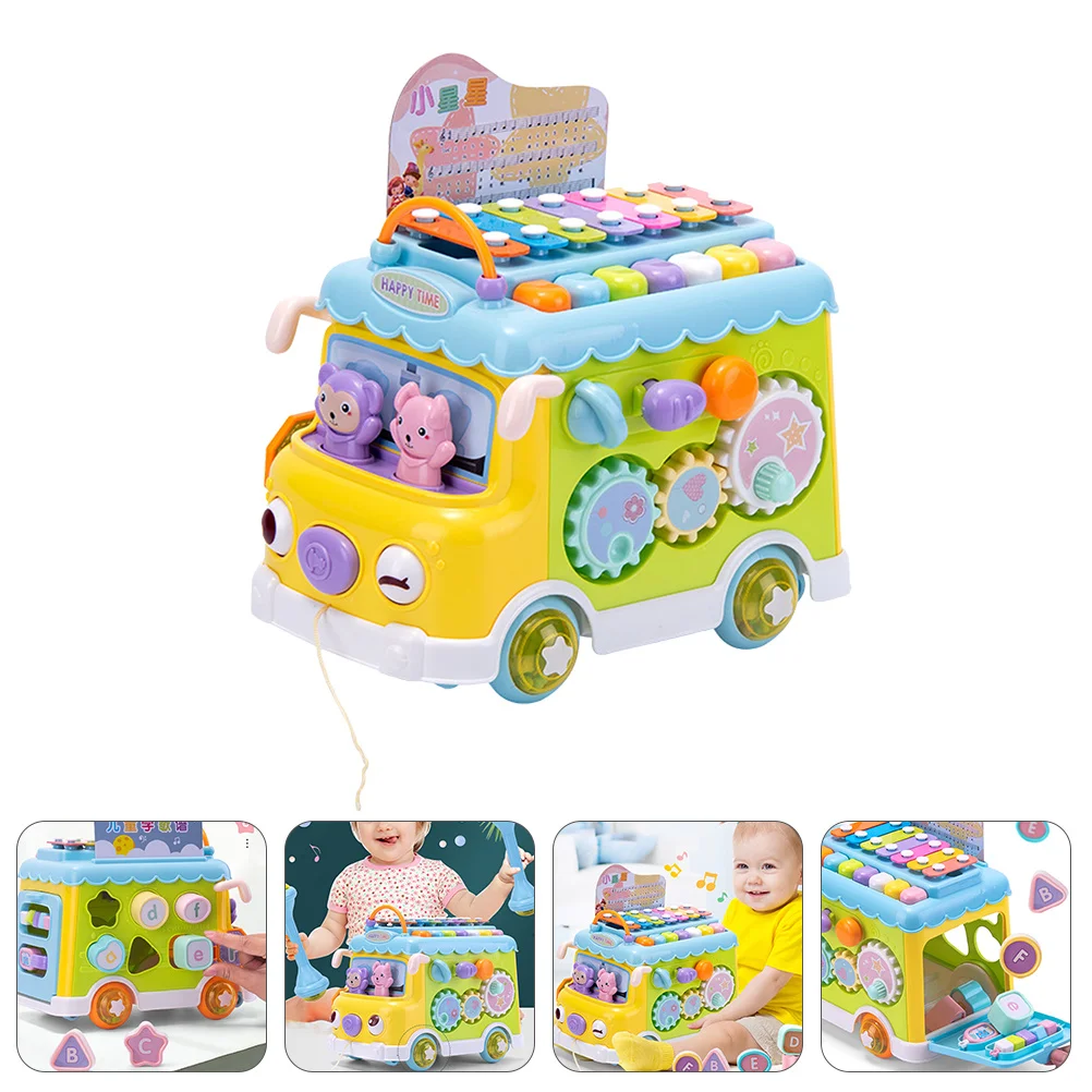 1 pz scuolabus bussare a mano pianoforte giocattolo educativo xilofono per bambini tirare la corda musica regalo di compleanno xilofono a forma di autobus