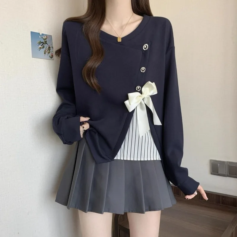 الجديد شعبية الخريف الشتاء عطلة قطعتين القوس سترة كبيرة الحجم المرأة فضفاضة عارضة هوديي أعلى أزياء بسيطة رائعة #5