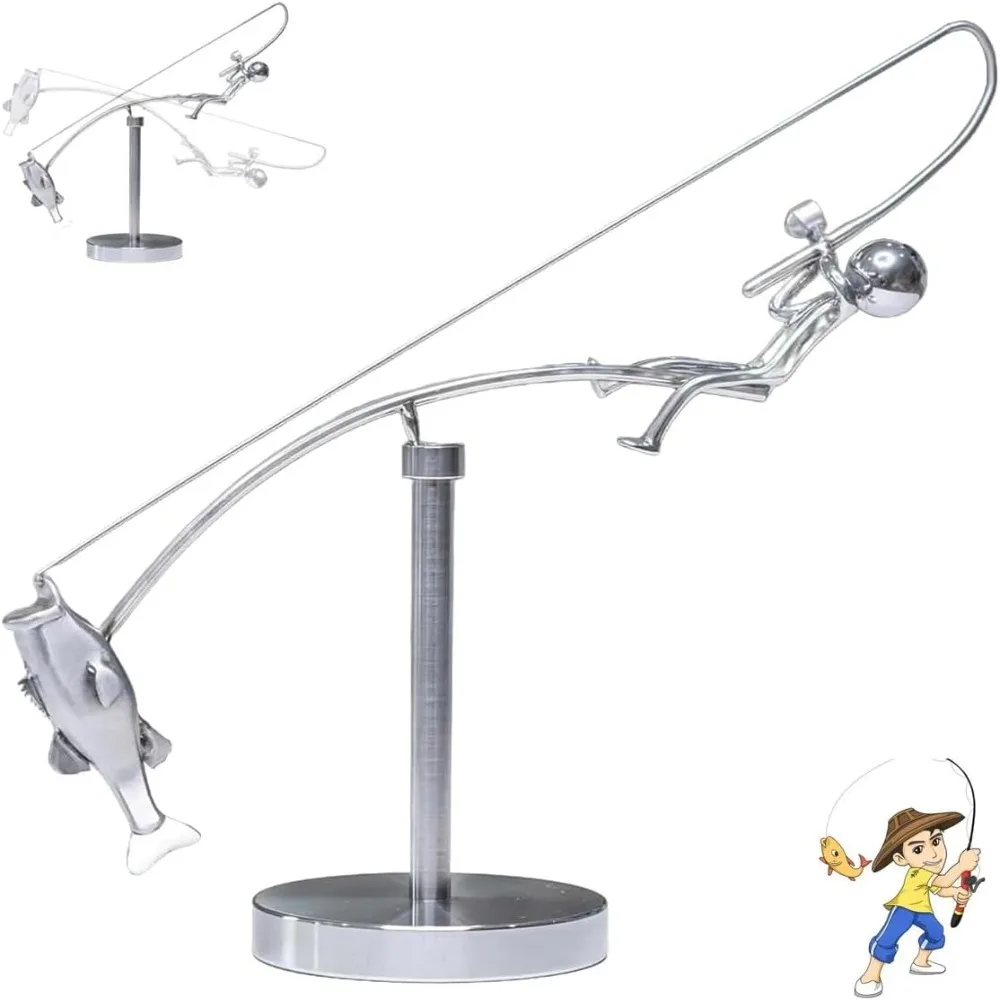 Handmade Kinetic Fishing Sculpture Metal Desk Ornament The Fisherman Balancing Sculpture Gift Fishing Statue for Fishman Lovers