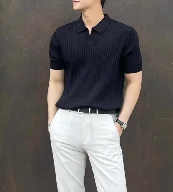 Summer Light Mature POLO Sugi Men Slim Lapel Solid Color Casual Thin Knitted T-shirt