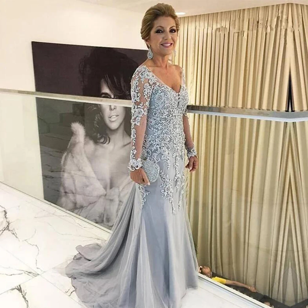 

Elegant Blue Mother of the Bride Dresses 2024 Mermaid V-neck Long Sleeves Appliques Beaded Groom Long Mother Dresses for Wedding