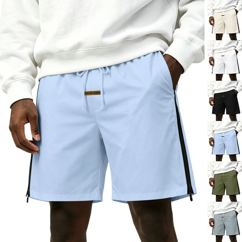 Men Elastic Waist Drawstring Shorts Side Zipper Decor Loose Knee Length Summer Casual Shorts