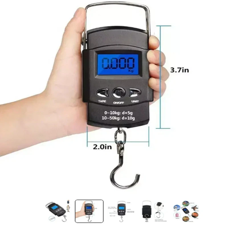 50kg/10g Portable LCD Electronic Hand Scale Travel Hanging Scale with 100cm Long Retractable Measuring Tape