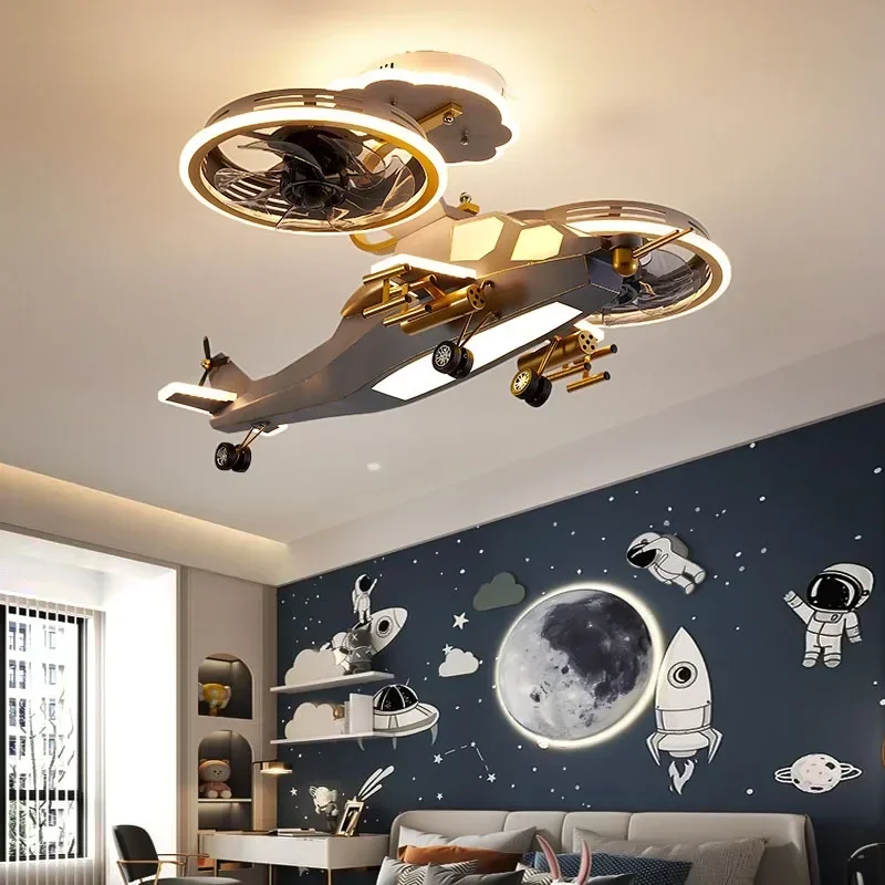 Children's Aircraft Light Fan Lamp Remote Control Boys' Room Cartoon Fighter Model Boys' Bedroom Ceiling Light