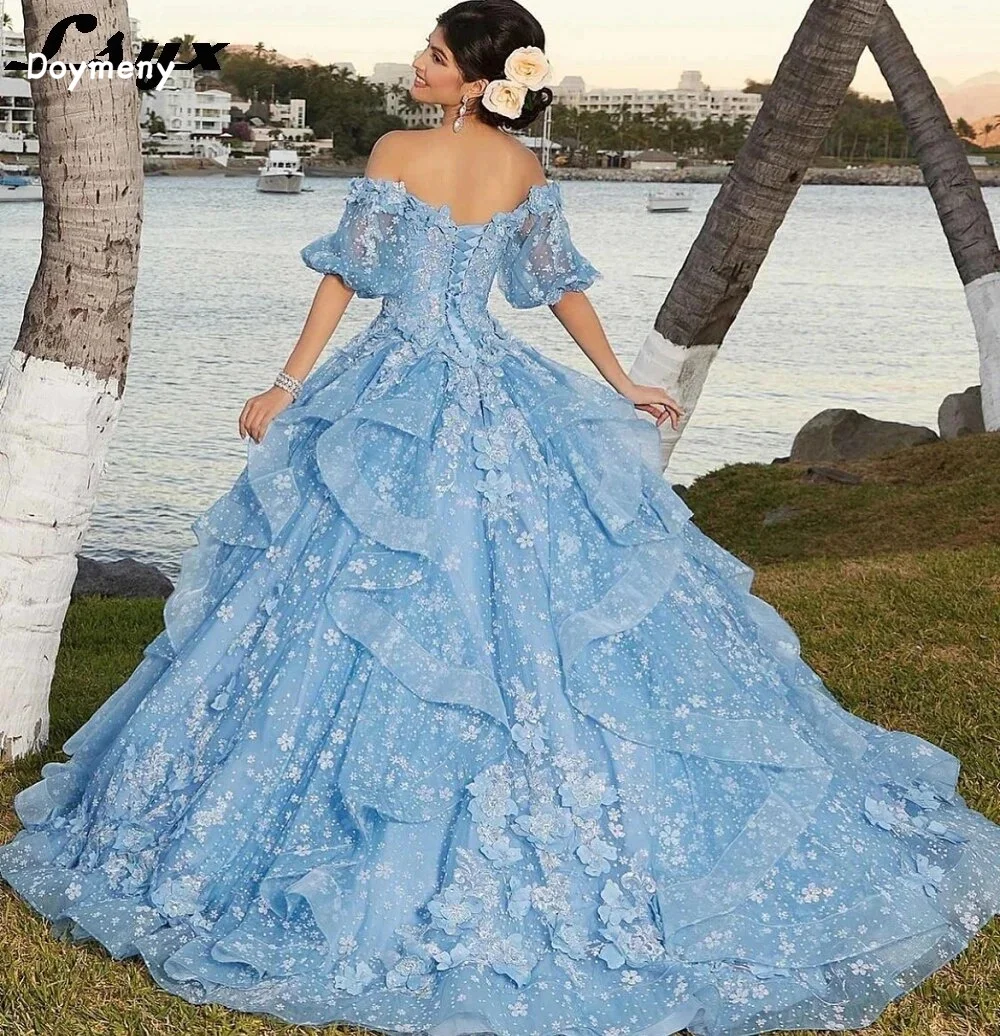 Doymeny Puffy Short Sleeves Quinceanera Dress Appliques 3D Flowers Off Shoulder Tulle Prom Vestidos For 15 Girls Party Gowns