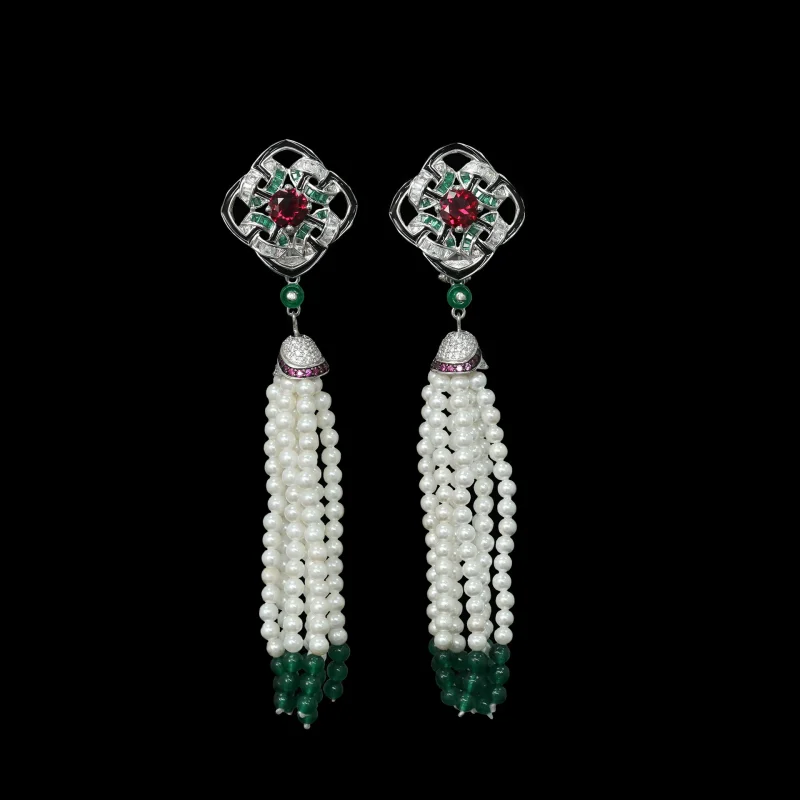 

Bellux 925 Silver Gold Plated High Carbon Diamond Pigeon Blood Ruby Green Beads Vintage Tassels Pearl Earrings