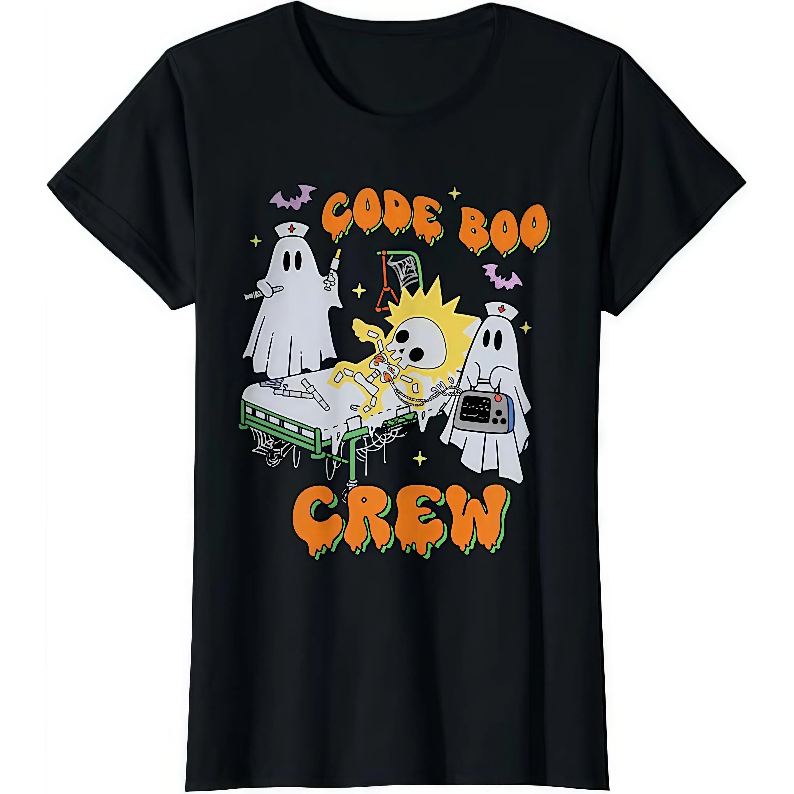 

Women's Halloween Nurse T-Shirt "Code Boo Crew" Spooky Medical Graphic Tee Funny Ghost Skeleton Doctor Gift Top
