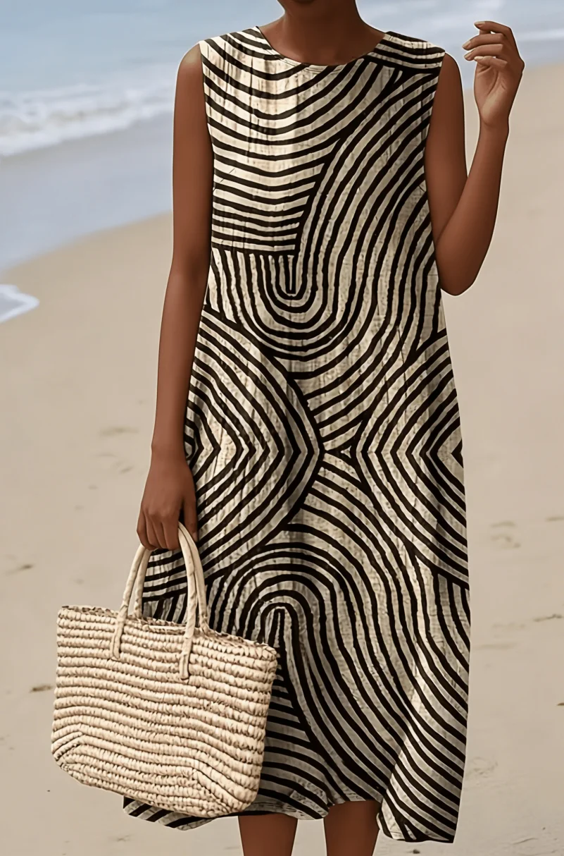 Sleeveless Round-Neck Mid-Length Cocoon-Shaped Dress with Abstract Geometric Wave Pattern, Minimalist Art, Bohemian Vacation Style, Seaside Vacation, City Leisure, Outing, Coffee Shop Casual Wear