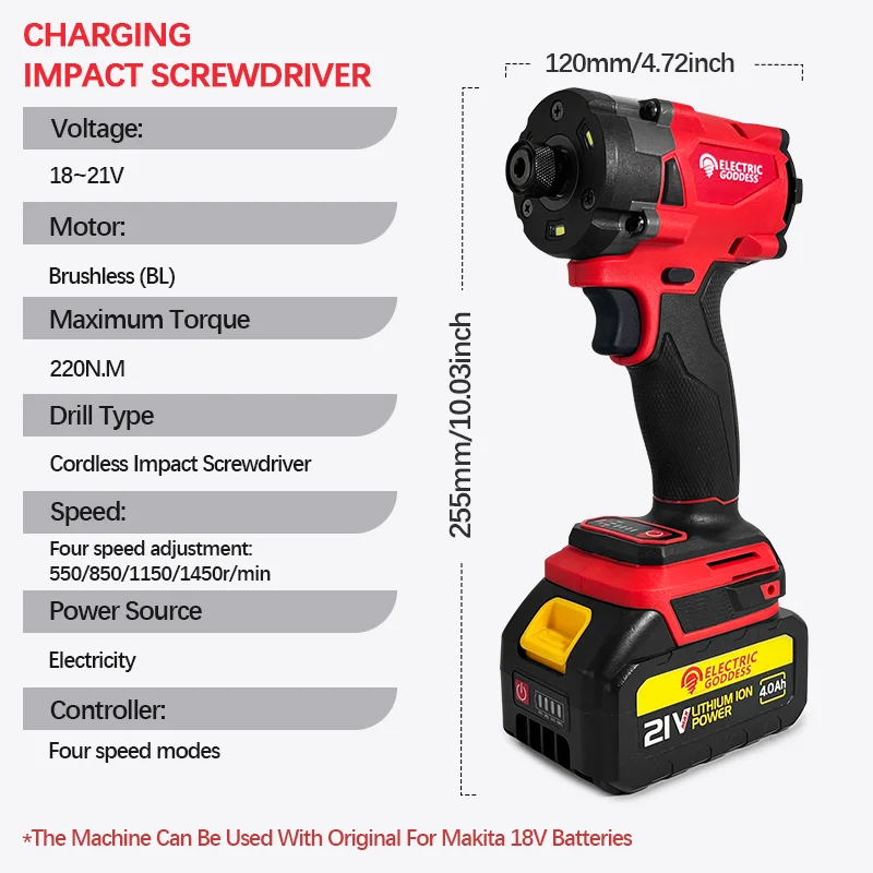 Electric Goddess 220 N.M  Brushless Impact Wrench Screwdriver Driver Motor Cordless 1/2in Home Power Tool For Makita 18V Battery