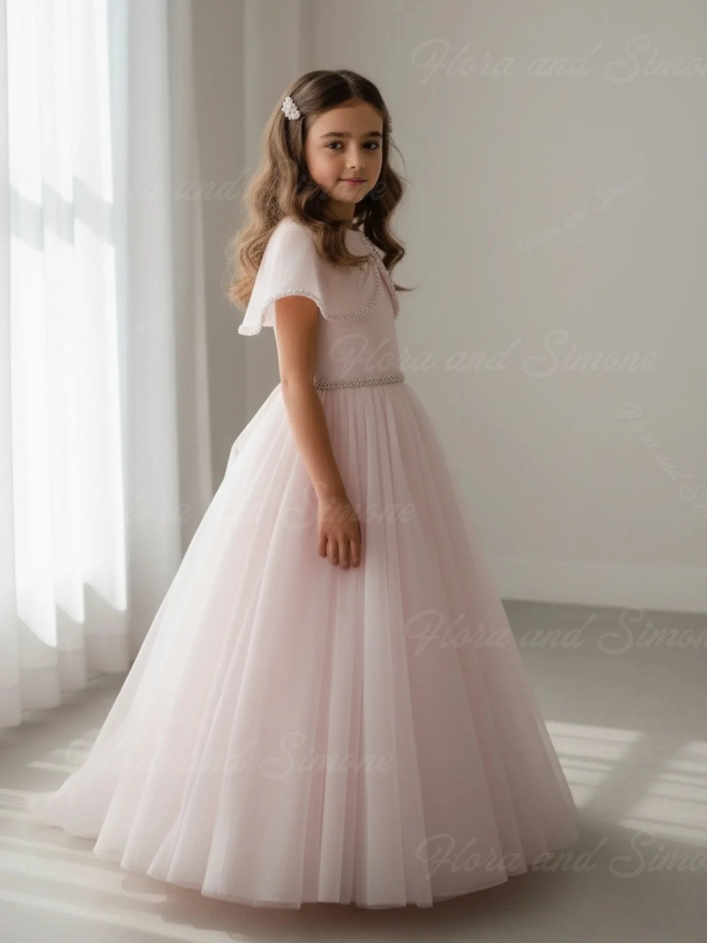 Lindo y elegante vestido de princesa rosa de manga corta, vestido de niña de flores para ceremonias de boda, recuerdos formales, celebraciones navideñas