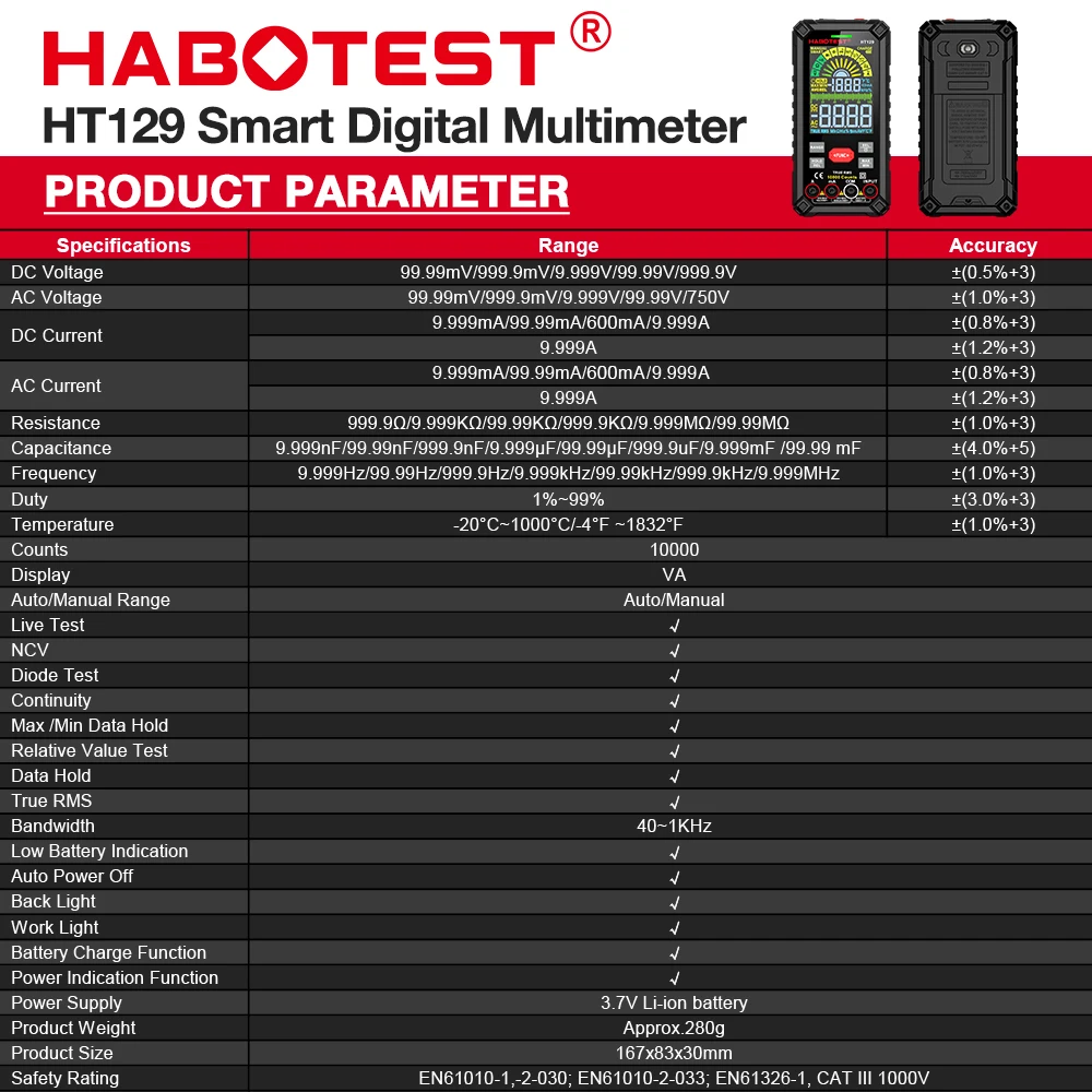 

HABOTEST HT129 Smart Digital Multimeter 10,000-Count True RMS High-Precision Multifunctional Electrical Tester